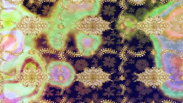 Altın şablonu çiz. Raster oryantal süs. Altın elementlerle nötr renklerde altın desen.