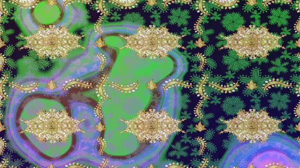 Klasik oryantal desen yeşil renklerden üstündür. Geleneksel raster ve altın desen. Damask taslak süsü.