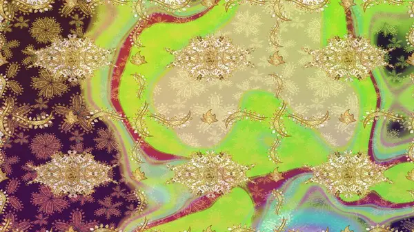 Barok tarzında eskiz oryantal süsü. Altın elementlerle yeşil renklerde altın desen. Geleneksel klasik altın desen. Raster doğulu süsü.