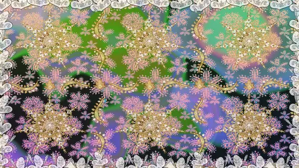 Hassas altın deseni açın. Raster. Doğu tarzı arabesk. Kusursuz altın desenli bukleler. Parlak dantel, stilize çiçekler, şal desenli. Tarafsız renklerde altın elementlerle kusursuz desen.