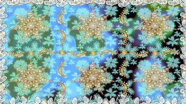 Doğu tarzı element. Mavi renklerdeki altın element. Altın desenli çiçek dekoru. Çizgi sanatı tasarım şablonu için kusursuz sınır. Davetiyeler, kartlar, web sayfası için Raster illüstrasyonu.