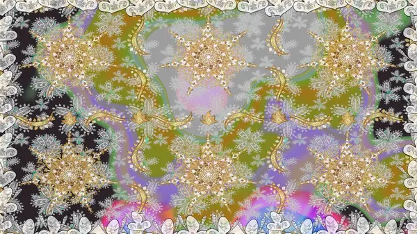 Raster Golden Mehndi kusursuz desen. Kına dövmeli süs çiçekleri, altın çıkartmalar, mehndi ve yoga tasarımı, kartlar ve parmak izleri. Gri renklerde desen.