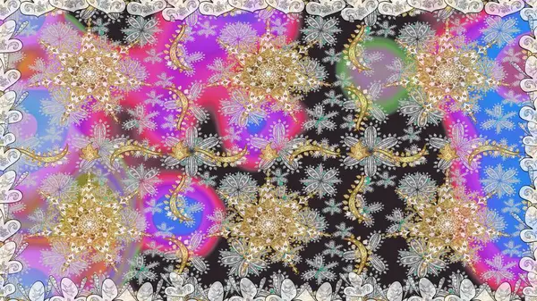 Kına dövmeli süs çiçekleri, altın çıkartmalar, mehndi ve yoga tasarımı, kartlar ve parmak izleri. Gri renkli desen. Raster altın mehndi kusursuz desen.