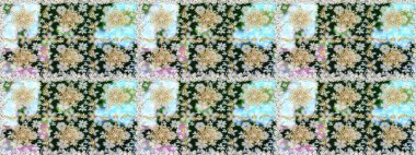 Kına dövmeli süs çiçekleri, altın çıkartmalar, mehndi ve yoga tasarımı, kartlar ve parmak izleri. Raster Golden Mehndi kusursuz desen. Tarafsız renklerde desen.