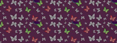 Farklı yönlere uçan renkli kelebek koleksiyonu. Raster illüstrasyonu. Kızlar, erkekler, kıyafetler, duvar kağıtları için soyut çizim kalıbı.