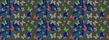 Elle çizilmiş illüstrasyon. Raster. Kıyafetler, erkekler, kızlar ve duvar kağıtları için soyut çizim kalıbı. Renkli kelebeklerin güzel arka planı.