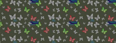 Kelebekli Raster. Kıyafetler, erkekler, kızlar ve duvar kağıtları için soyut çizim kalıbı. Yeşil renkli illüstrasyon. Raster..