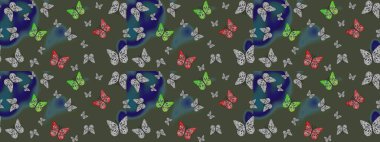 Suluboya soyut parlak desenli kelebek kanatları, retro renkler. Yeşil renkli resimler. Kumaş, tekstil, baskı ve davet için arkaplan.