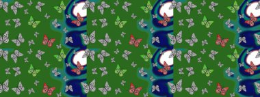 Fantezi sevimli illüstrasyon. Erkekler, kızlar, elbiseler, duvar kağıtları için soyut çizim kalıbı. Raster illüstrasyonu. Yeşil arka plandaki suluboya kelebeklerin.