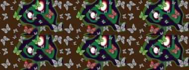 Raster illüstrasyonu. Kumaş, kağıt, ambalaj kâğıdı ve duvar kağıdı tasarımı için güzel bir arka plan. Renkli kelebeklerin eskiz arka planı.