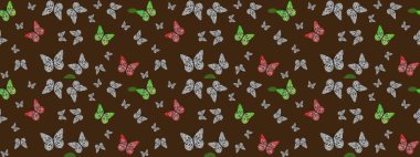 Kumaş, kağıt, ambalaj kâğıdı ve duvar kağıdı tasarımı için hoş bir arka plan. Raster illüstrasyonu. Mor zemin üzerinde kelebek olan çizim deseni.