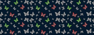 Kağıt, kumaş ve ambalaj için uygun. Çizim kalıbı. Raster. Mavi sevimli arka planda kelebekler.