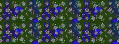 Renkli grunge, koyu yeşil, mavi ve mor çiçeklerle soyut bir arka plan oluşturur. Nakış desenli çiçek deseni. İzler, kumaş, duvar kağıtları, tekstil için raster dokusu.