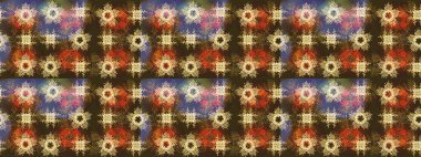 Eskiz arkaplan modeli. Yapraklı çiçekler ve kahverengi renkli papatya çiçekleri. Raster - stok.