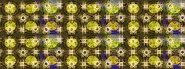 Raster illüstrasyonu. Kar tanelerinin soyut arkaplanlı Noel şablonu. Kahverengi, sarı ve yeşil renkler. Noel ve Yeni Yıl moda baskıları için tatil tasarımı.