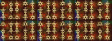 Kahverengi, yeşil ve kırmızı renkler. Noel ve yeni yıl moda baskıları için tatil tasarımı. Kar tanelerinin soyut arkaplanlı Noel şablonu. Raster illüstrasyonu.