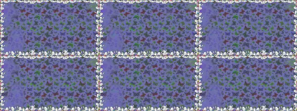 Kumaş, kağıt, ambalaj kâğıdı ve duvar kağıdı tasarımı için harika bir arka plan. Kelebek desenli mor ve mavi. Raster. Kusursuz..