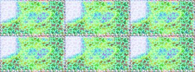 Fantezi çizimi. Bir sürü kelebek desenli kusursuz desen. Yeşil ve mavi renkli resimler. Raster. Erkekler, kızlar, kıyafetler, duvar kağıtları için soyut desen.