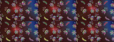 Çiçekli karalama şeklinde Raster çiçek deseni. Yumuşak, yaz çiçekleri kahverengi, mor ve mavi renklerde. Raster illüstrasyonu.