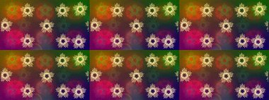 Kar tanelerinin soyut arkaplanlı Noel şablonu. Kahverengi, yeşil ve mor kar taneleri. Raster illüstrasyonu. Noel ve Yeni Yıl moda baskıları için tatil tasarımı.