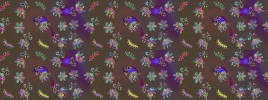 Raster Illustrasyon 'da moda olmayan çiçek deseni. Güzel kumaş deseni. Renkli Yaz Temalı Kusursuz Arkaplan. Düz Çiçek Elementleri Tasarımı.