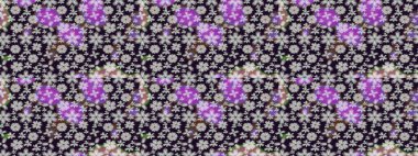 Çok renkli, zarif küçük çiçekler ve gri renkli komik böcekler, raster desen, illüstrasyon.