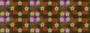 Düz Çiçek Elementleri Tasarımı. Raster illüstrasyonundaki çiçek desenli çizim. Kahverengi, mor ve yeşil renkli çiçekler. Renkli Bahar Teması çizim şablonu.