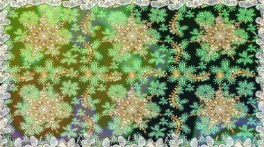 Tekrarlayan elementlerle soyut arkaplan oluşturun. Raster illüstrasyonu. Yeşil renkler ve altın elementler üzerinde altın pürüzsüz desen. Kusursuz, klasik altın desen..