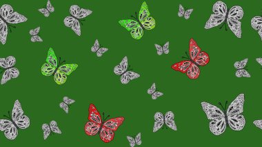 Sonsuz. Robot resim. Kelebekli tasarım. Raster illüstrasyonu. Çizim, karalama, karalama. Yeşil arka planda kelebekler.
