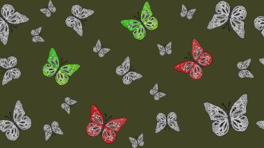 Kelebek deseni. Soyut eskiz arka planı. Yeşil renklerin çizimi. Moda Kumaşı Tasarımı. Raster..