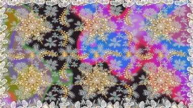 Altın antika ortaçağ dekoratifi, yapraklar ve gri renkli altın desenli süslemeleri olan pürüzsüz bir şablon. Kusursuz kraliyet lüksü, altın barok kumaş rengi..