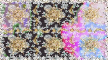 El yapımı dekoratif çerçeve, albüm kapağı, tebrik kartı, klasik Art deco tarzı. Raster soyut çiçek çelengi altın karalama fantezi yaprakları ve gri renkli çiçekler.