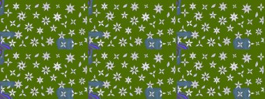 Raster illüstrasyonu. Küçük çiçekli basit bir çiçek çizimi. Moda baskısı, albüm, ambalaj kağıdı ve duvar kağıdı için zarif dekoratif süslemeler. Yeşil renkte şirin çiçekler..