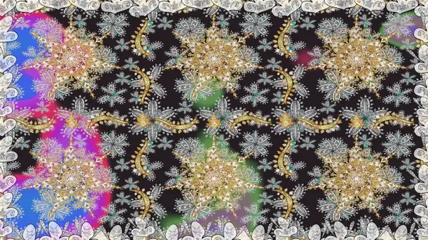 Altın antika ortaçağ dekoratifi, yapraklar ve gri renkli altın desenli süslemeleri olan pürüzsüz bir şablon. Kusursuz kraliyet lüksü, altın barok kumaş rengi..