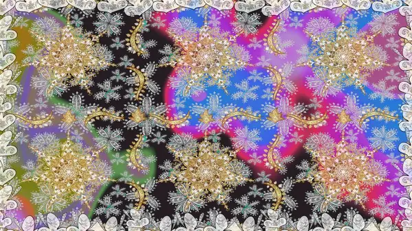 Altın antika ortaçağ dekoratifi, yapraklar ve gri renkli altın desenli süslemeleri olan pürüzsüz bir şablon. Kusursuz kraliyet lüksü, altın barok kumaş rengi..