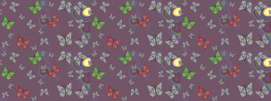 Doğadaki güzellik. Raster illüstrasyonu. Watercolor Style 'da uçan kelebeklerle eskiz kalıbı. Kumaş, Tekstil, Yazdırma ve Davetiye için arkaplan.