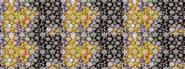 Eskiz modeli etnik tasarım. Yatak çarşafları, ceket, paket tasarımı, kumaş ve moda kavramları için tekstil baskısı. Çiçekleri, deniz kabukları, mandalaları ve suluboya efektleri olan deniz altyapısı.