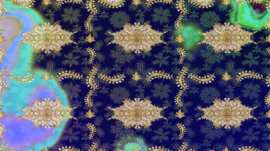 Raster eskiz deseni, altın antika ortaçağ dekoratifi, yapraklar ve mavi renklerde altın desenli süslemeler. Kraliyet lüksü, altın barok kumaş rengi..