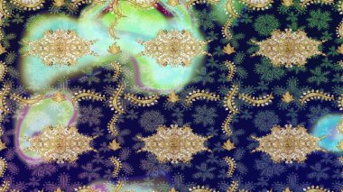 Raster Golden eskiz kalıbı. Düz elle çizilmiş klasik koleksiyon. Altın elementlerle mavi renklerde altın desen. Arkaplan, kumaş, altın duvar kağıdı.