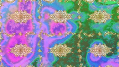 Süslü raster dekorasyonu. Barok tarzında duvar kâğıdı tasarımı için eskiz şablonu arka planı. Altın elementlerle yeşil renklerde altın desen.