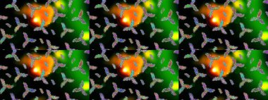 Kar tanelerinin soyut arkaplanlı Noel şablonu. Siyah, yeşil ve mavi kar taneleri. Raster illüstrasyonu. Noel ve Yeni Yıl moda baskıları için tatil tasarımı.