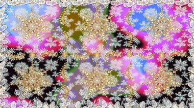 Kart, duvar kağıdı, ambalaj ve tekstil için klasik tasarım. Kusursuz desenli altın elementler. Tarafsız renklerde Royal retro. Raster illüstrasyonu. Altın şablon. Çiçeksel klasik doku.