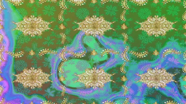 Paisley 'ler zarif çiçek desenli eskiz arka plan duvar kâğıdı çizimi klasik tarz, modern 3D çizgili sanat eseri altın ve yeşil desenli çiçek yaprakları ve süslemeleri..