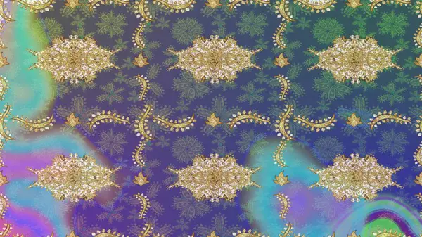 Raster illüstrasyonu. Altın elementli mavi renkte klasik eskiz deseni.