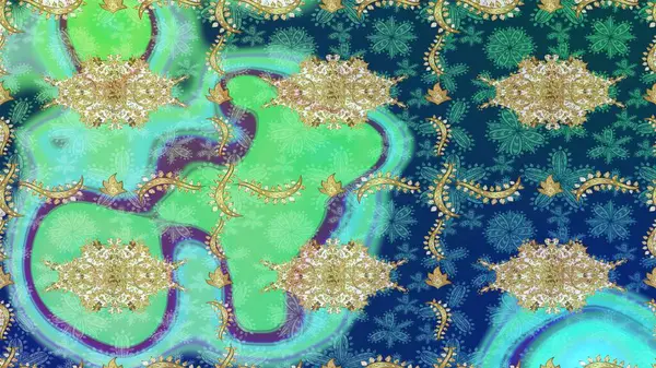 Mavi renklerdeki altın element. Damask çizim kalıbı arka planı tekrarlıyor. Antika altın tekrarlanabilir duvar kağıdı. Barok tarzında altın çiçek süsü..