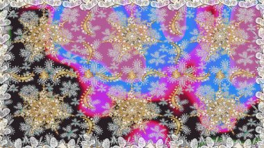 El yapımı dekoratif çerçeve, albüm kapağı, tebrik kartı, klasik Art deco tarzı. Raster soyut çiçek çelengi altın karalama fantezi yaprakları ve gri renkli çiçekler.