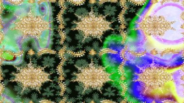 Geleneksel klasik Raster altın eskiz modeli. Barok tarzında eskiz oryantal süsü. Yeşil renklerdeki altın elementler.