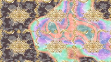 Lüks, kraliyet ve Viktorya dönemi konsepti. Tarafsız yerine altın rengi barok çiçekli eskiz deseni. Süslü raster dekorasyonu. Tarafsız renklerde altın element.