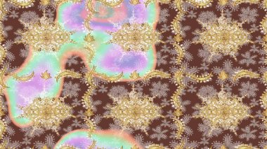 Raster illüstrasyonu. Damask altın soyut çiçek deseni kahverengi renklerde. Süsleme.