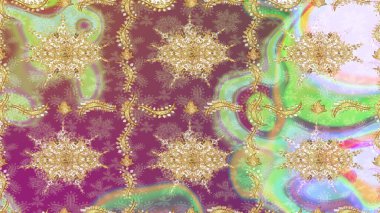 Doku arka planında altın duvar kâğıdı. Barok tarzında altın çiçekli süs. Damask çizimi tekrarlanıyor. Tarafsız renklerde altın element.